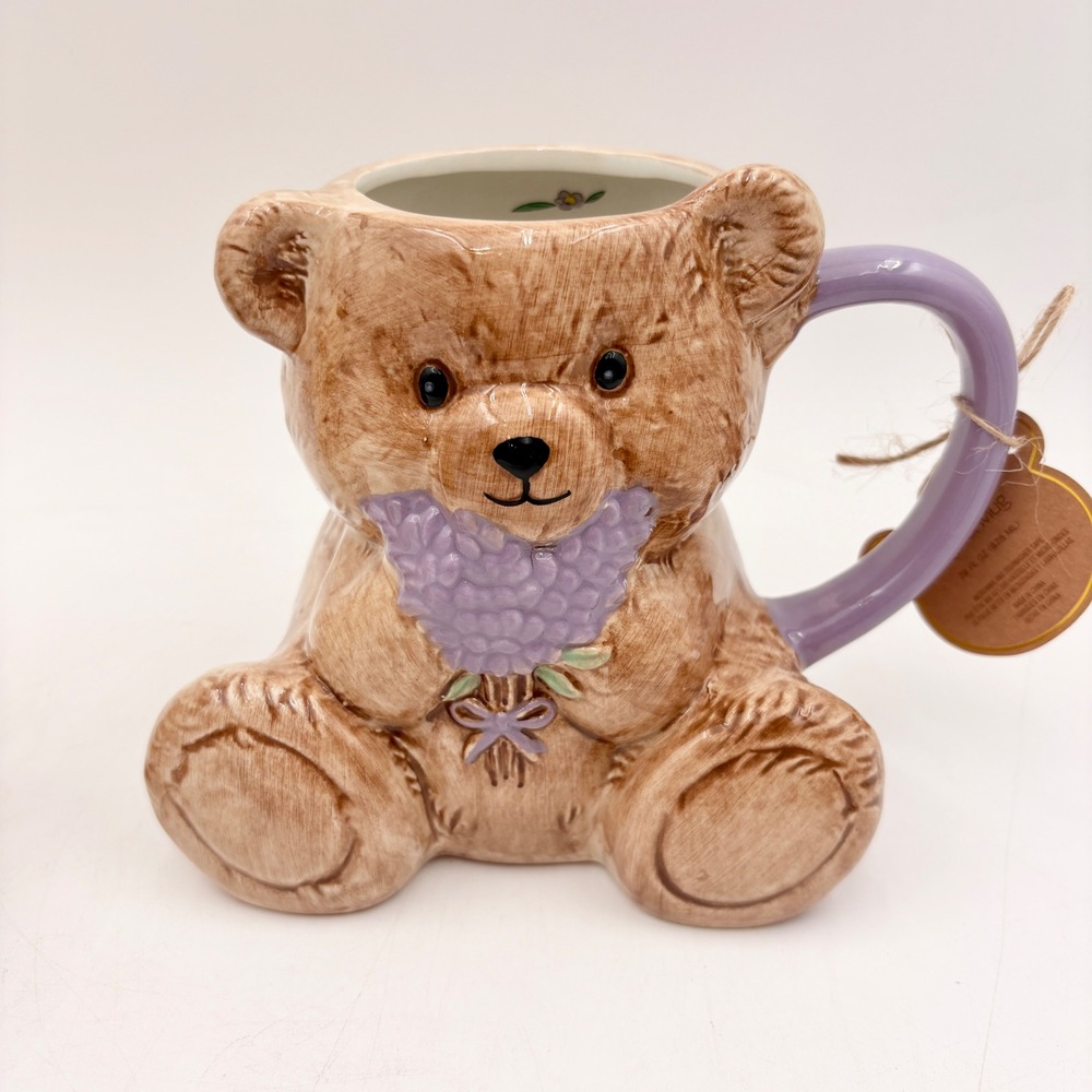 Simple & Sweet Teddy Bear Sculpted Ceramic Mug Brown Lavender Floral 14oz NWT